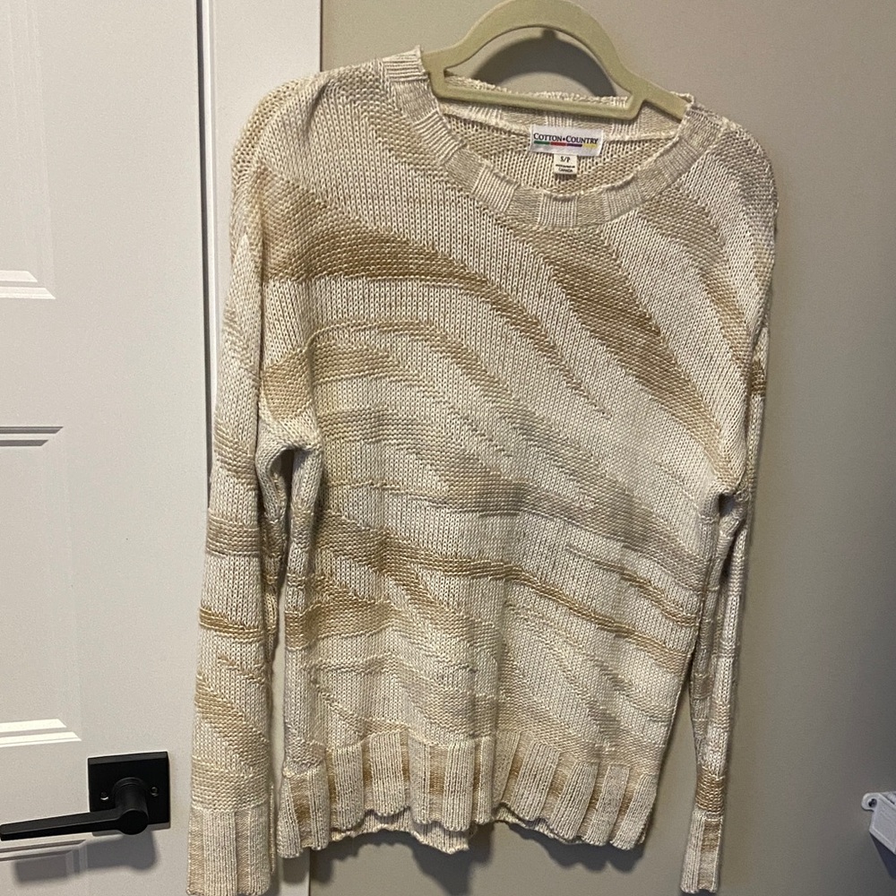 Cotton Country Beige and Cream Wave-Striped Crewneck Sweater